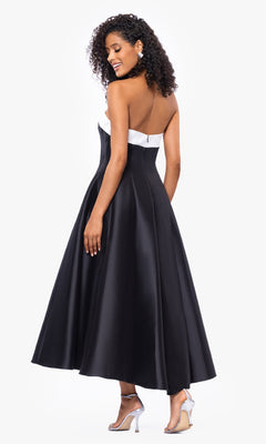 white and black formal dress Tea-Length Black and White Formal Dress with Pockets– PromGirl