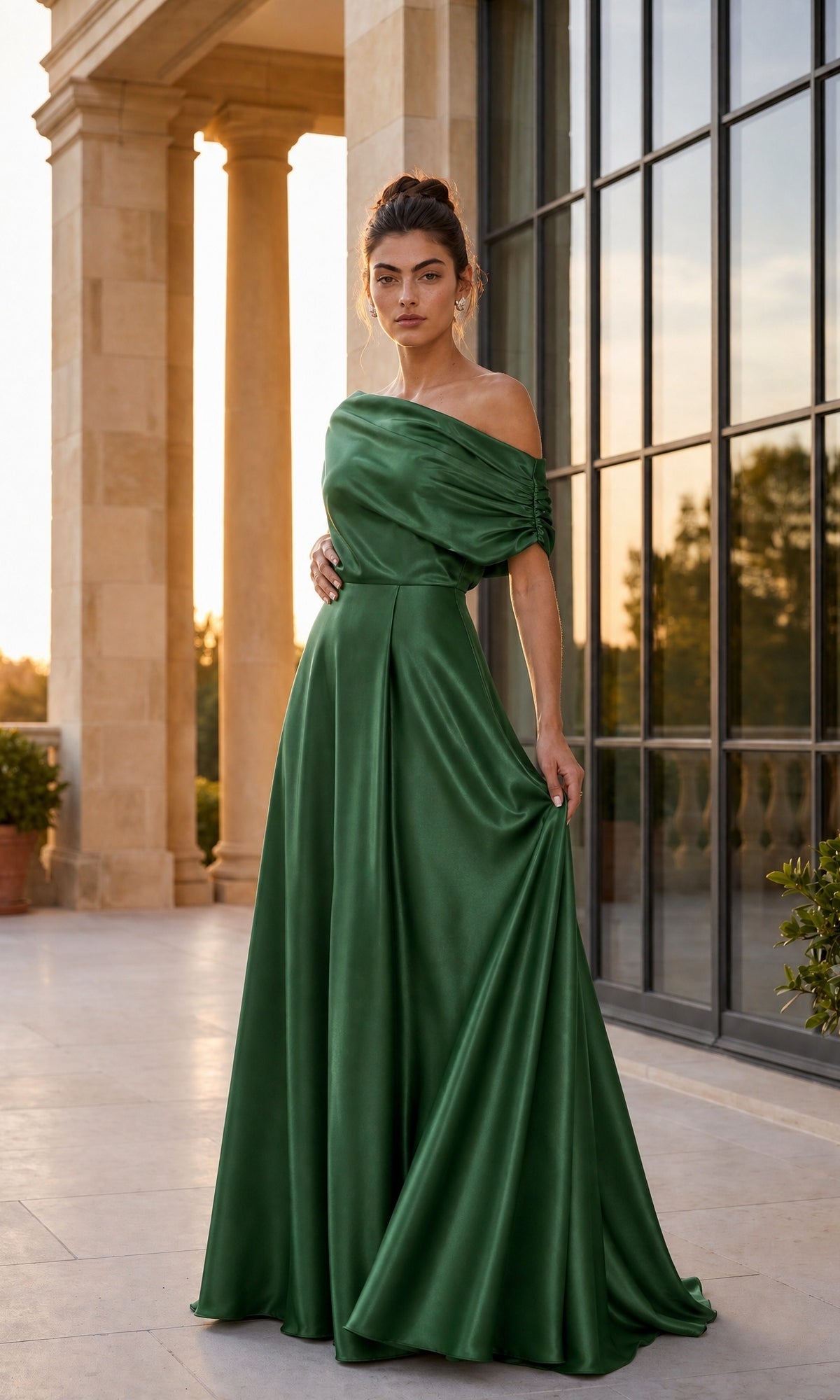 betsy and adam dresses green Off-Shoulder Long Satin Formal Dress with A-Line Skirt – PromGirl Formal dress