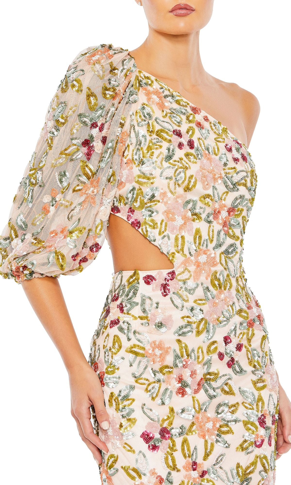 Woman wearing the Mac Duggal A5567 Floral-Sequin Long Formal Dress, featuring an asymmetrical design with one puffed sleeve, floral embellishments, and a side cutout. Shown from shoulders to knees.