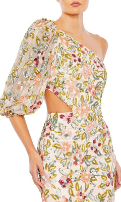 Woman wearing the Mac Duggal A5567 Floral-Sequin Long Formal Dress, featuring an asymmetrical design with one puffed sleeve, floral embellishments, and a side cutout. Shown from shoulders to knees.