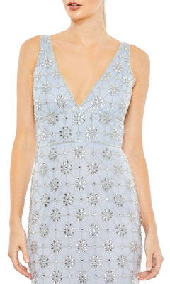 Woman wearing the Mac Duggal 93744: a sleeveless, light blue V-neck long beaded formal dress with silver floral sequin embellishments, ideal for any special occasion.