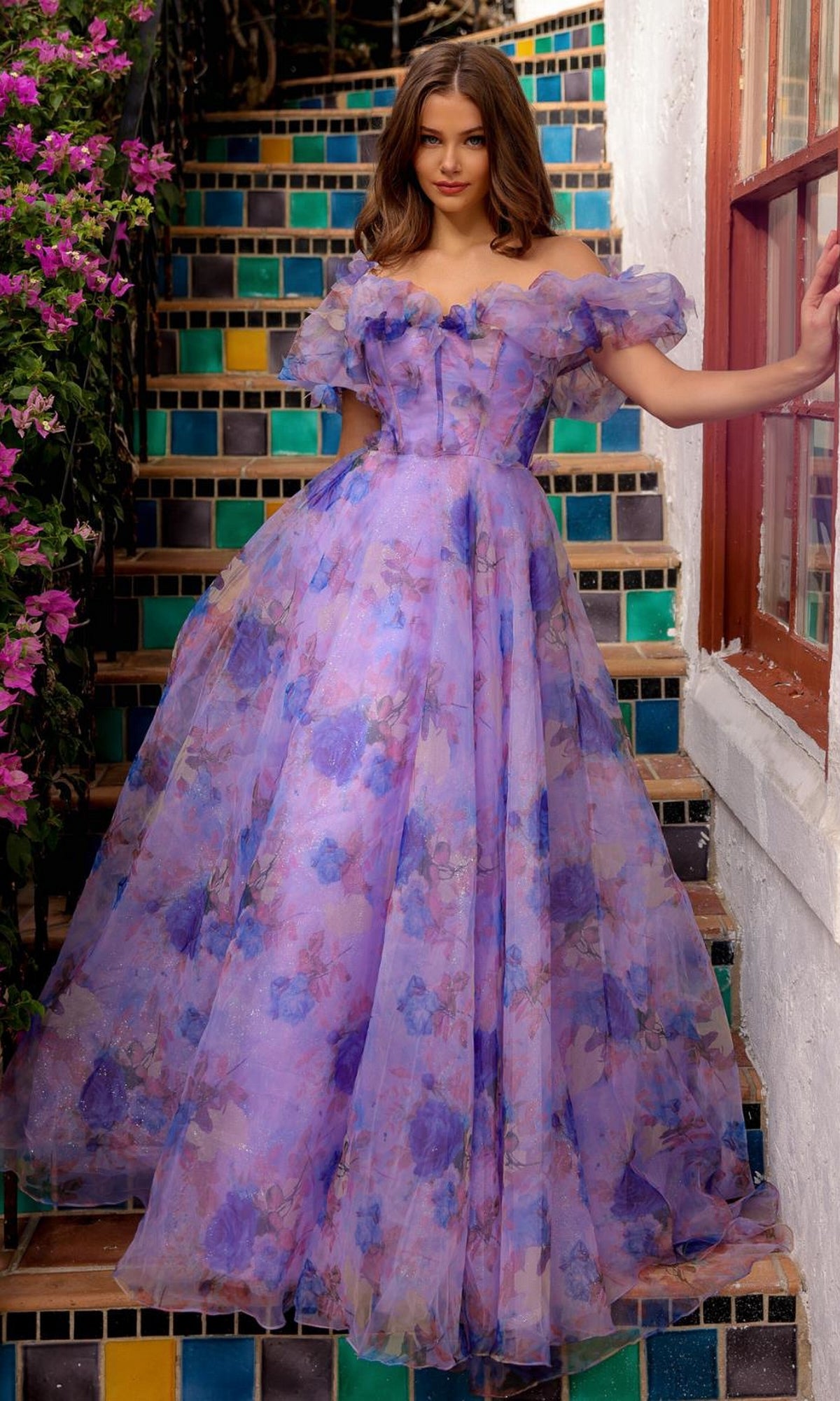 Purple Floral Print Prom Ball Gown AG0103