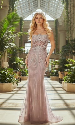 A woman wearing the Lace-Up Beaded Prom Gown: Amelia Couture 2136-2134 stands in a sunlit, elegant indoor garden with tall plants and glass ceilings.