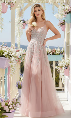 A woman in the Floral-Embroidered Long A-Line Prom Dress TM1006 stands on a flower-adorned porch, holding a white rose.
