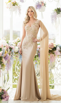 A woman in the One-Shoulder Long Formal Dress with Cape 388 stands in a bright, flower-filled setting.
