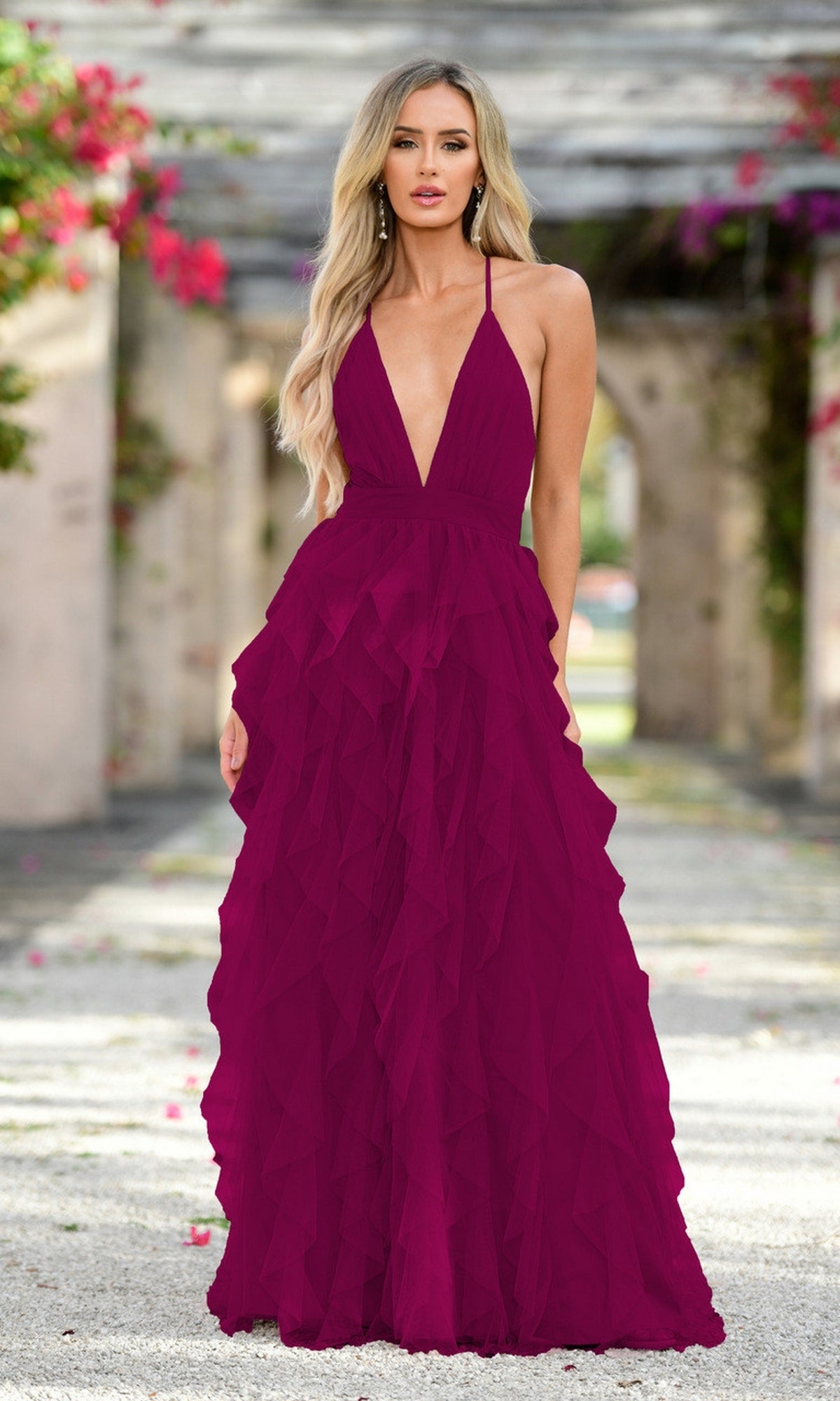 Alances V-Neck Long Ruffled Prom Dress– PromGirl