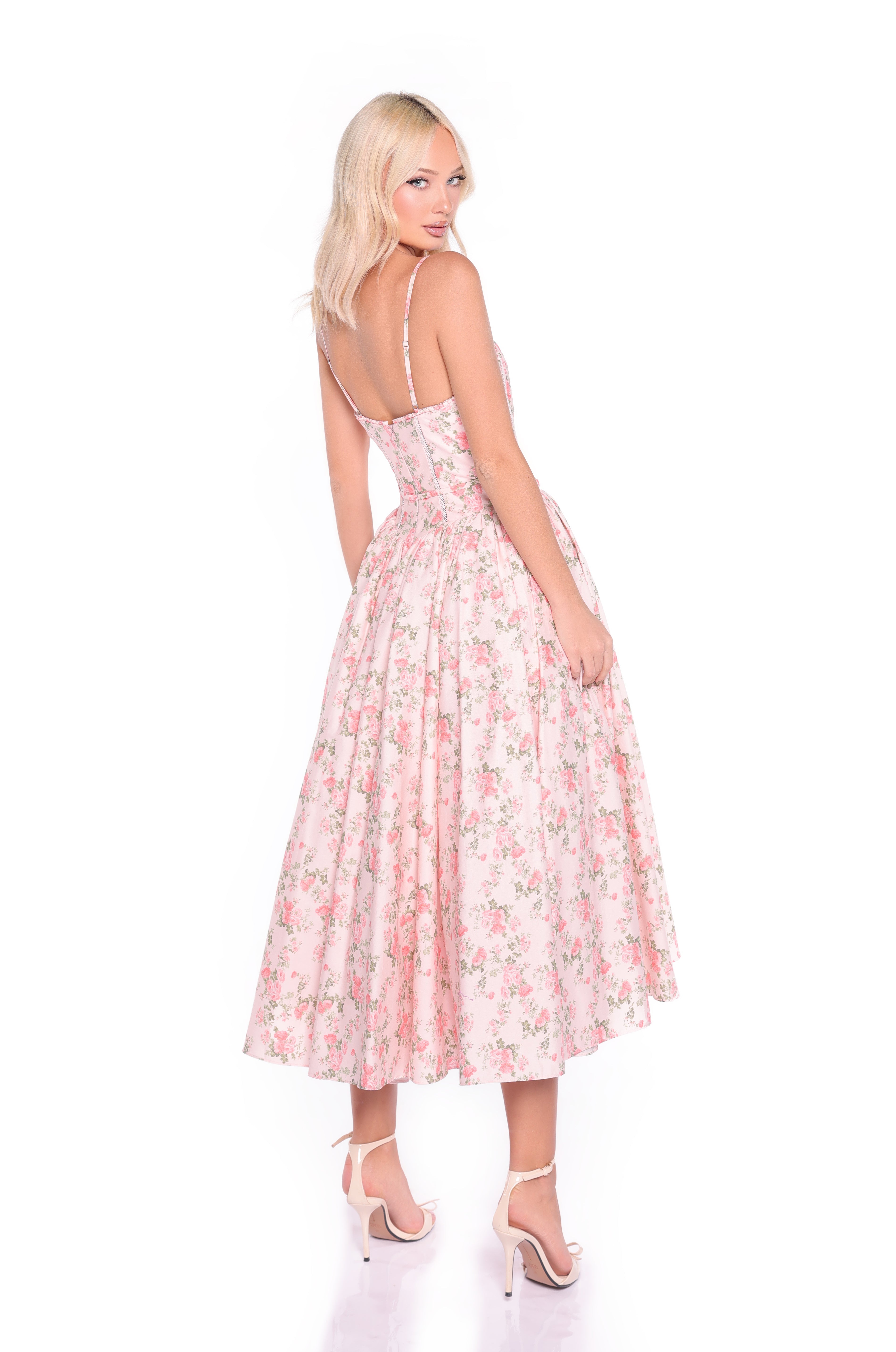 Pink Floral-Print Fit-and-Flare Midi Summer Dress – PromGirl