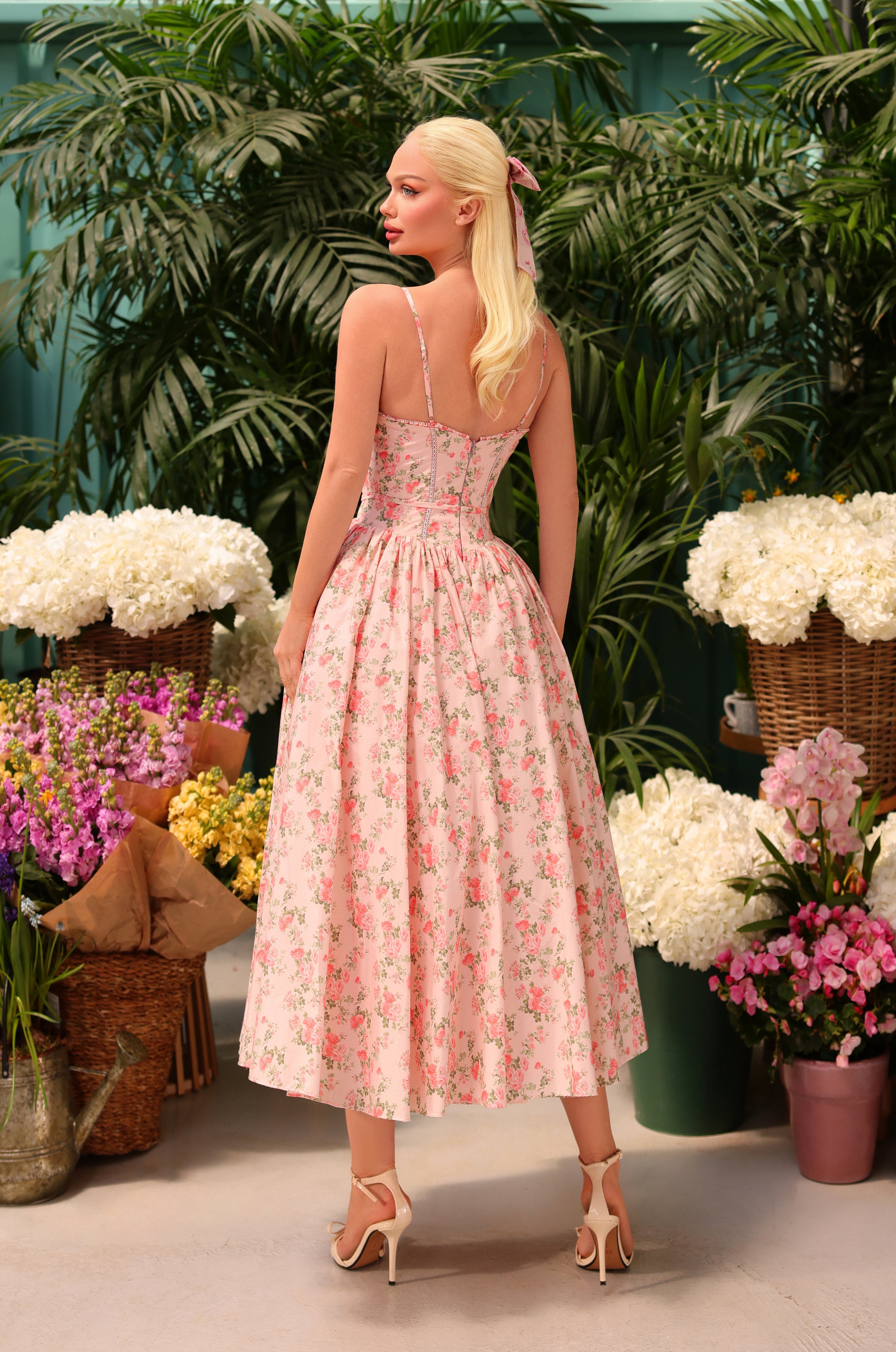 Pink Floral-Print Fit-and-Flare Midi Summer Dress– PromGirl