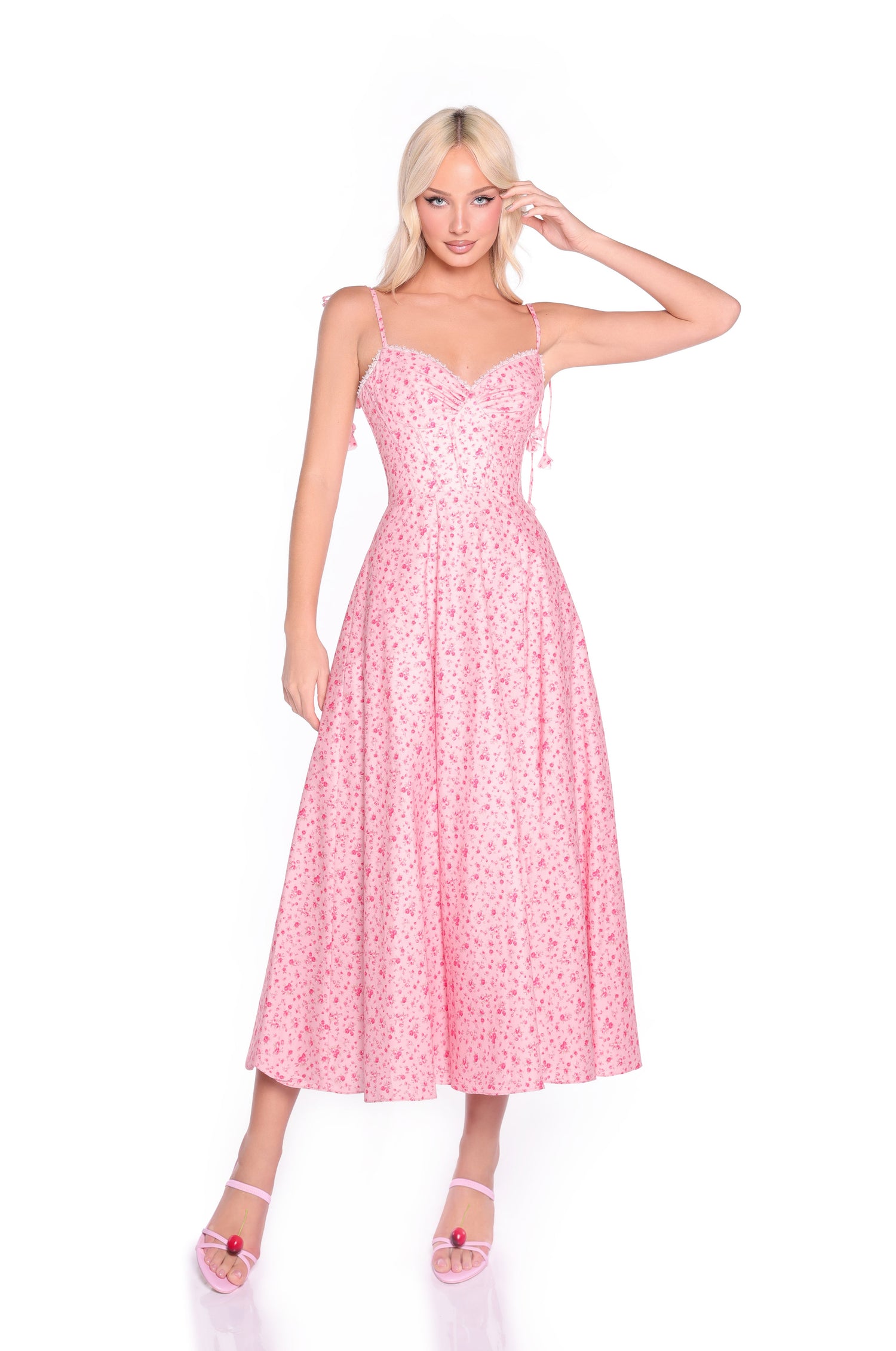 Pink Floral-Print Midi Party Dress with Shoulder Ties PromGirl Pink Floral-Print Midi Party Dress with Shoulder Ties PromGirl
