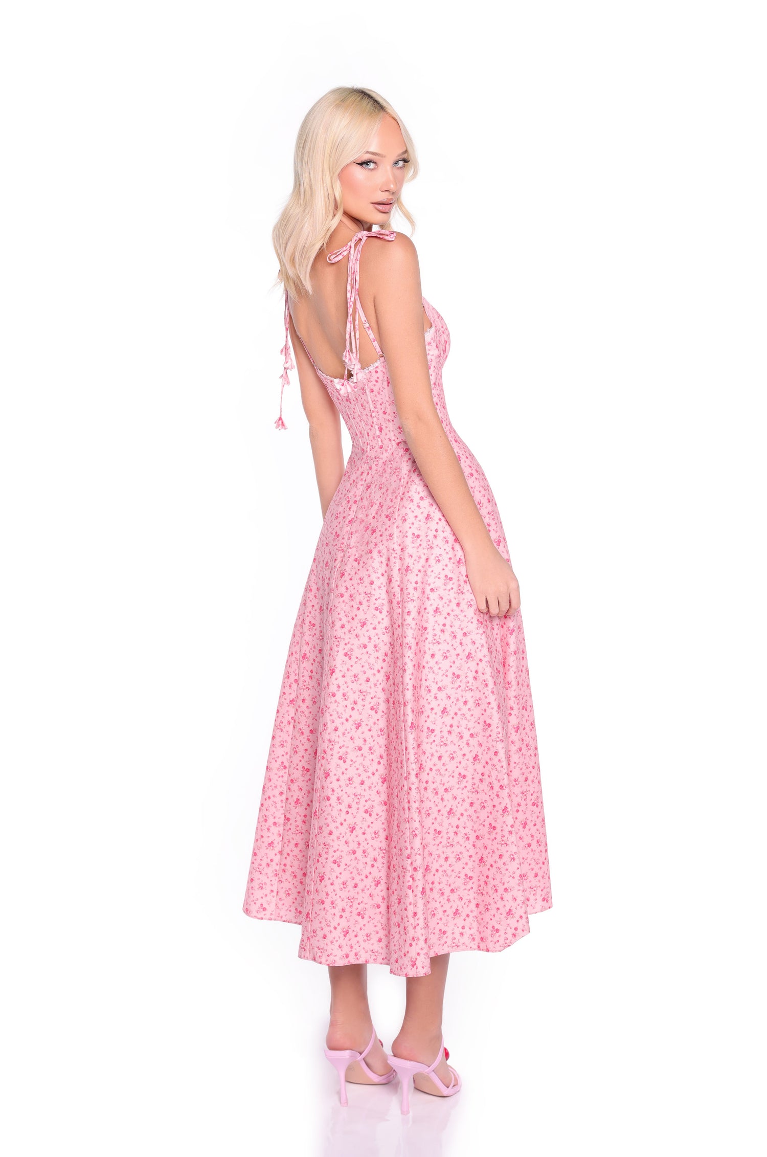 Pink Floral-Print Midi Party Dress with Shoulder Ties– PromGirl