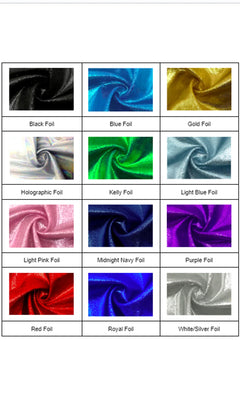 A chart displays twelve vibrant foil fabrics—ideal for crafting a form-fitting or metallic look with the Long Prom Dress: Atria 7070H. Colors labeled are Black, Blue, Gold, Holographic, Kelly, Light Blue, Light Pink, Midnight Navy, Purple, Red, Royal & White/Silver Foil.