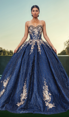 A woman stands outdoors in the Quinceanera Dress 1541 by Dancing Queen, featuring navy blue fabric with gold floral embroidery and a voluminous ball gown skirt.