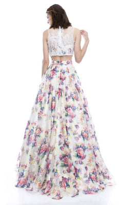 Two-Piece Long Prom Dress with Floral Print Black/Print / XSmall Two-Piece Long Prom Dress with Floral Print Black/Print / XSmall