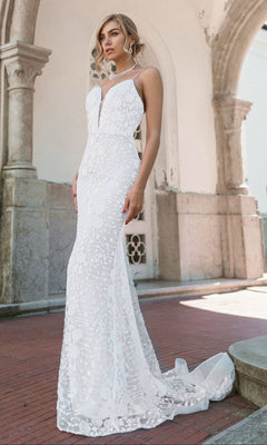 Long White Floral-Lace Formal Dress with Open Back White/White / 6