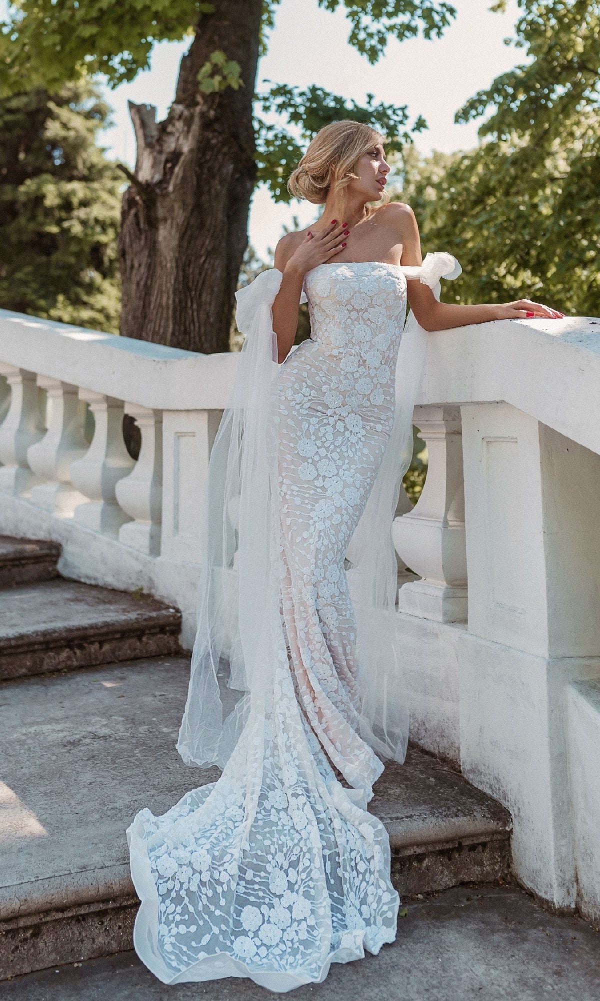 Strapless Long White Sequin Wedding Dress with Bows White/White / 10