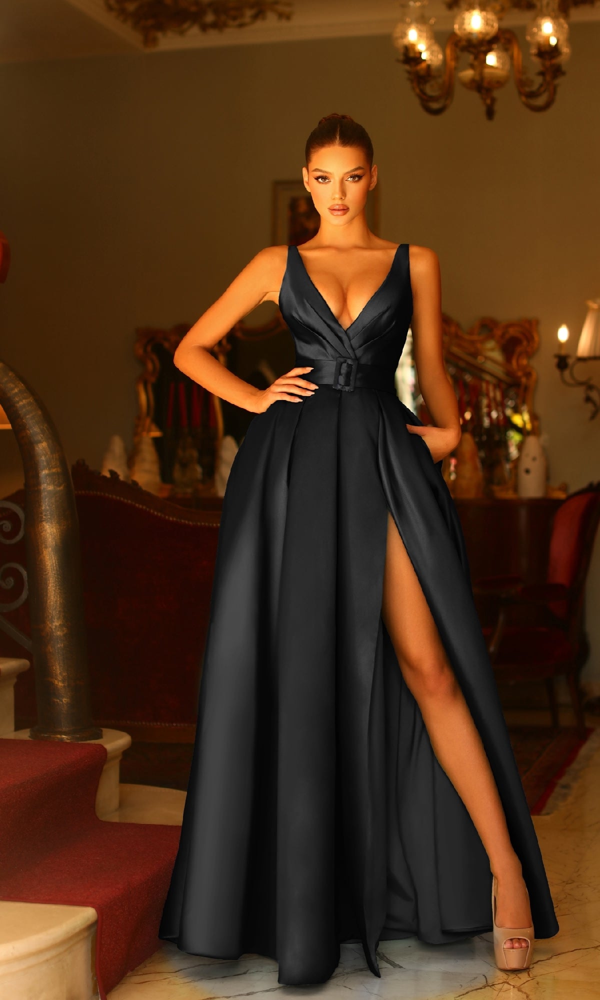 Belted Long Mikado A-Line Prom Dress with Pockets Black / 18 Belted Long Mikado A-Line Prom Dress with Pockets Black / 18