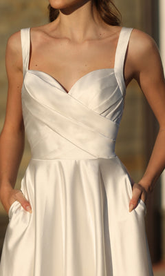 Long Satin Off-White A-Line Prom Dress with Pockets Off White / 2 Long Satin Off-White A-Line Prom Dress with Pockets Off White / 2