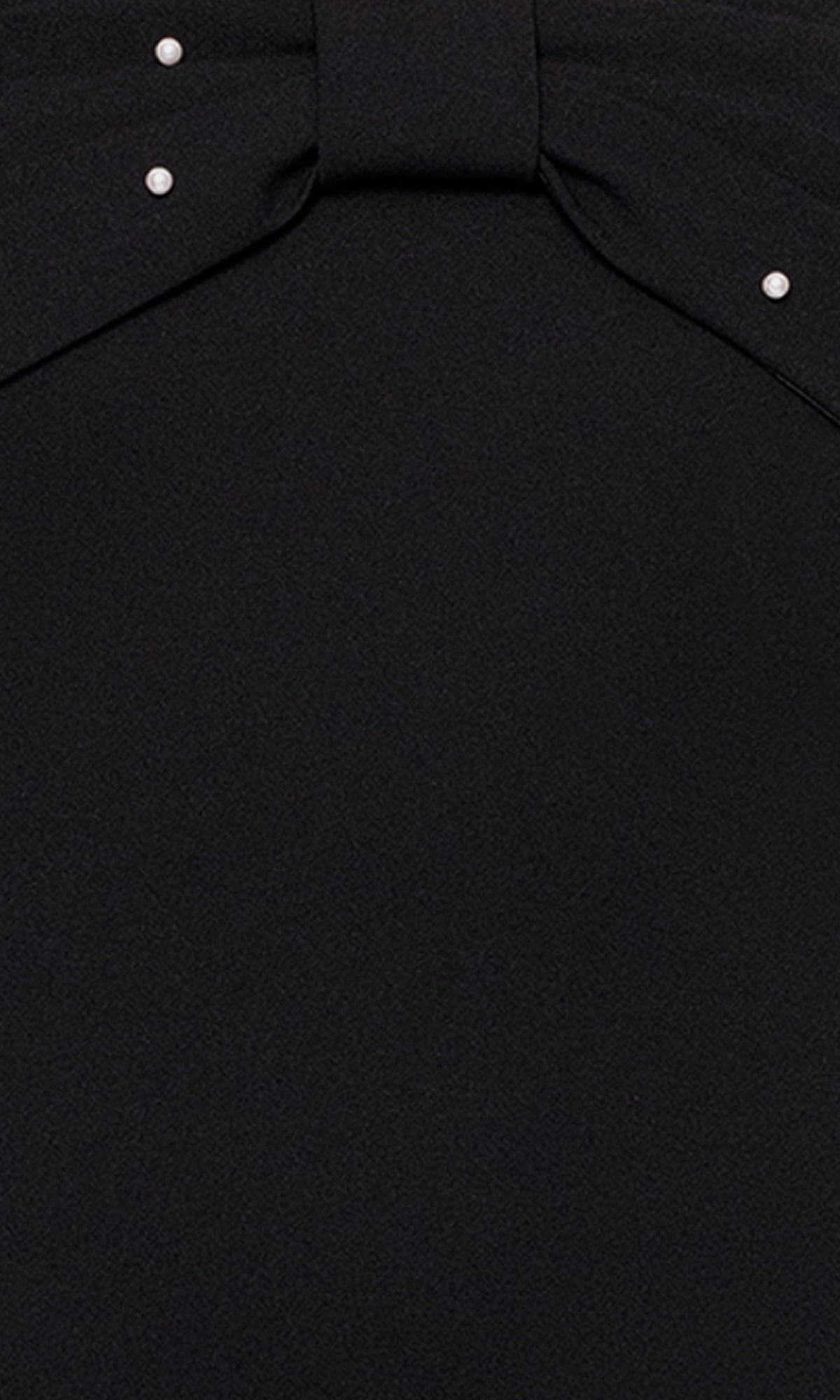 Close-up of the Off-Shoulder Black Hoco Dress: Blondie Nites BC174, featuring a short design with a bow-like top and metallic stud accents at the corners.