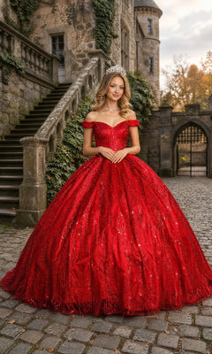 A woman wearing the Quinceanera Dress BT9013 By Chicas in burgundy, with sparkling embellishments and a tiara, poses elegantly on a cobblestone path outside a stone building adorned with stairs and ivy.