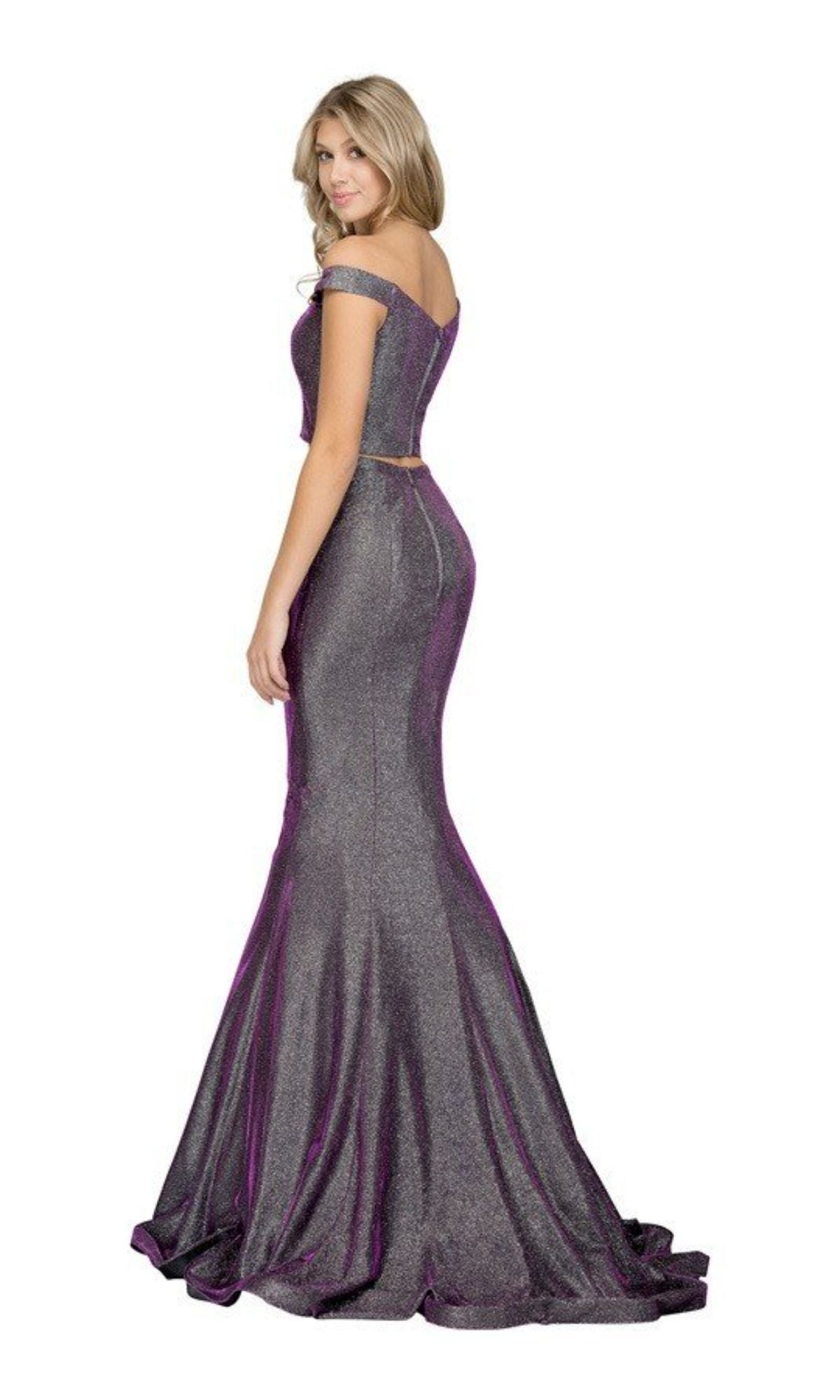 A woman in the Two-Piece Long Glitter Prom Dress: Chicas BT9020, featuring a metallic purple mermaid silhouette, stands facing away and glances over her shoulder against a white background.