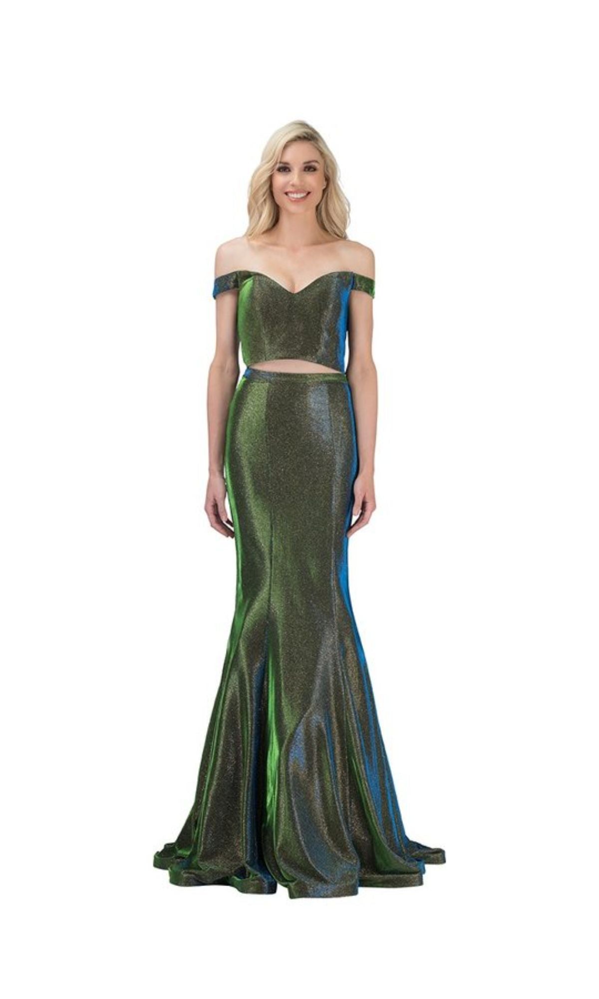 A woman models the Chicas BT9020, a metallic green two-piece long glitter prom dress with an off-the-shoulder fitted bodice and flared skirt, standing against a white background.