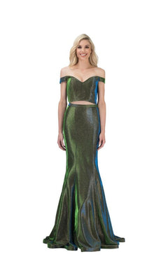A woman models the Chicas BT9020, a metallic green two-piece long glitter prom dress with an off-the-shoulder fitted bodice and flared skirt, standing against a white background.