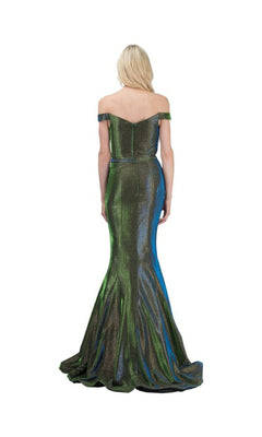 A blonde woman models the Chicas BT9020 two-piece long glitter prom dress in metallic green and blue, styled as a mermaid gown, shown from the back against a white background.