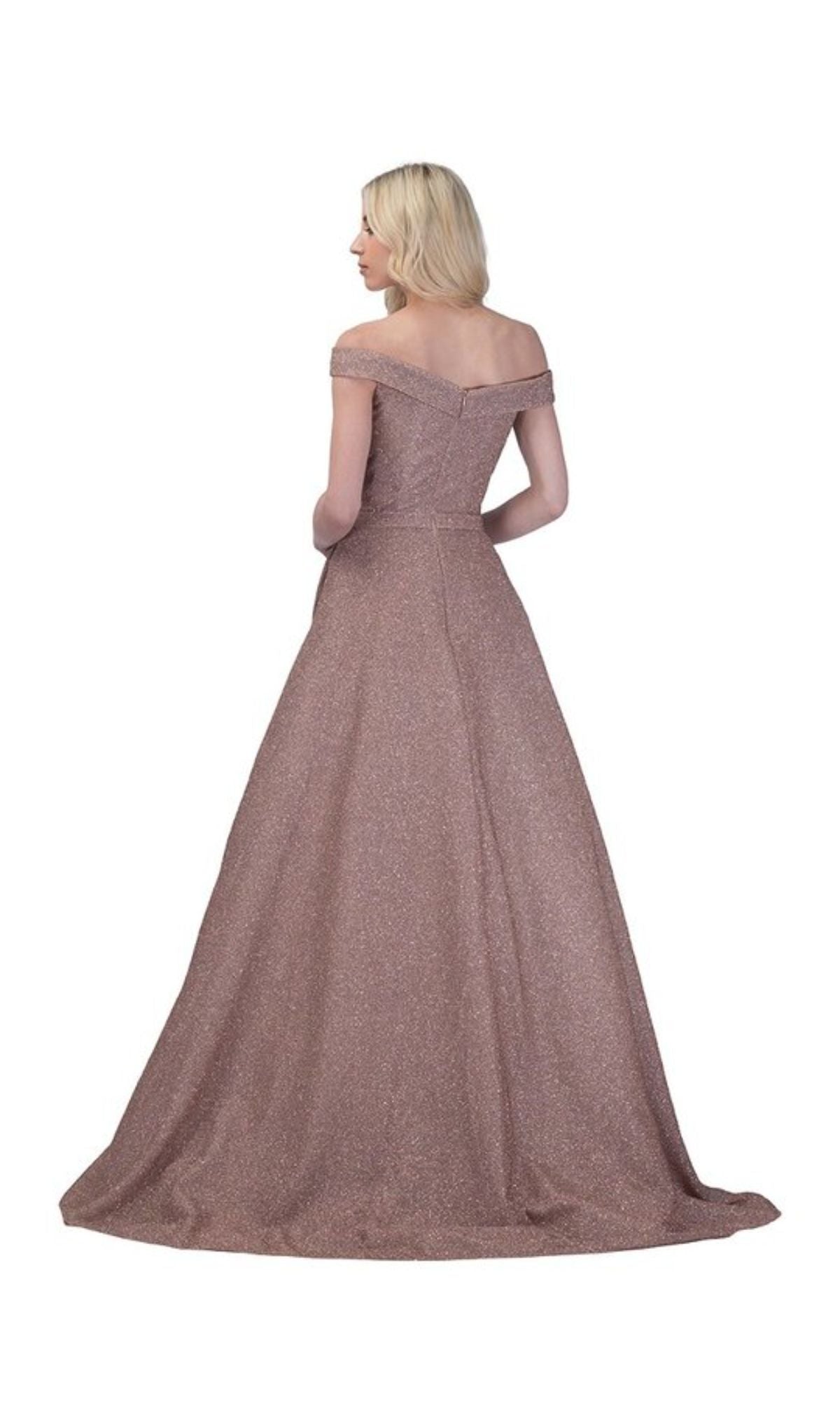 A woman faces away, wearing the Off-Shoulder Long A-Line Prom Dress: Chicas BT9025—a shimmery, fitted-bodice gown with a flared skirt, perfect for proms or any special occasion.