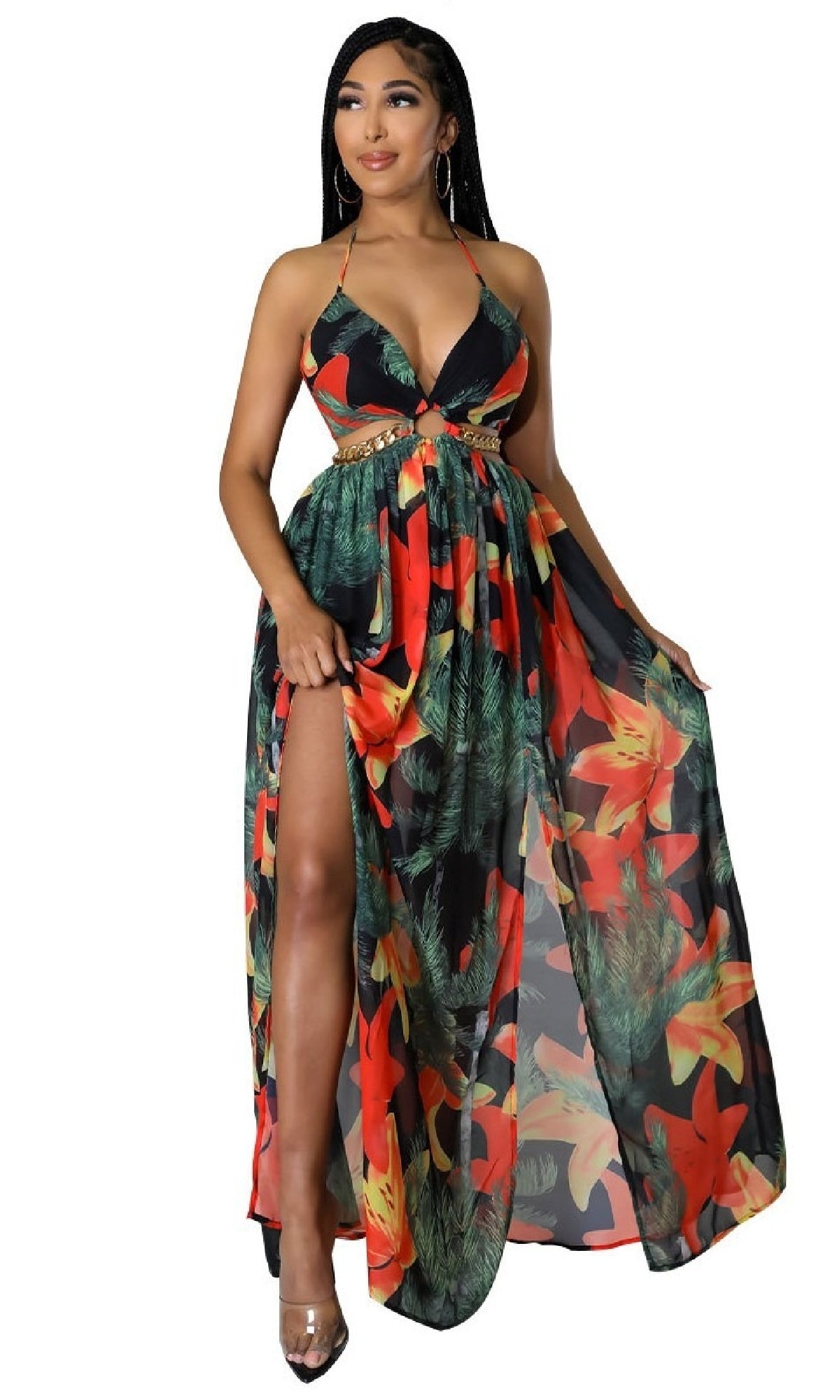 Cut-Out Floral Print Halter Casual Maxi Dress