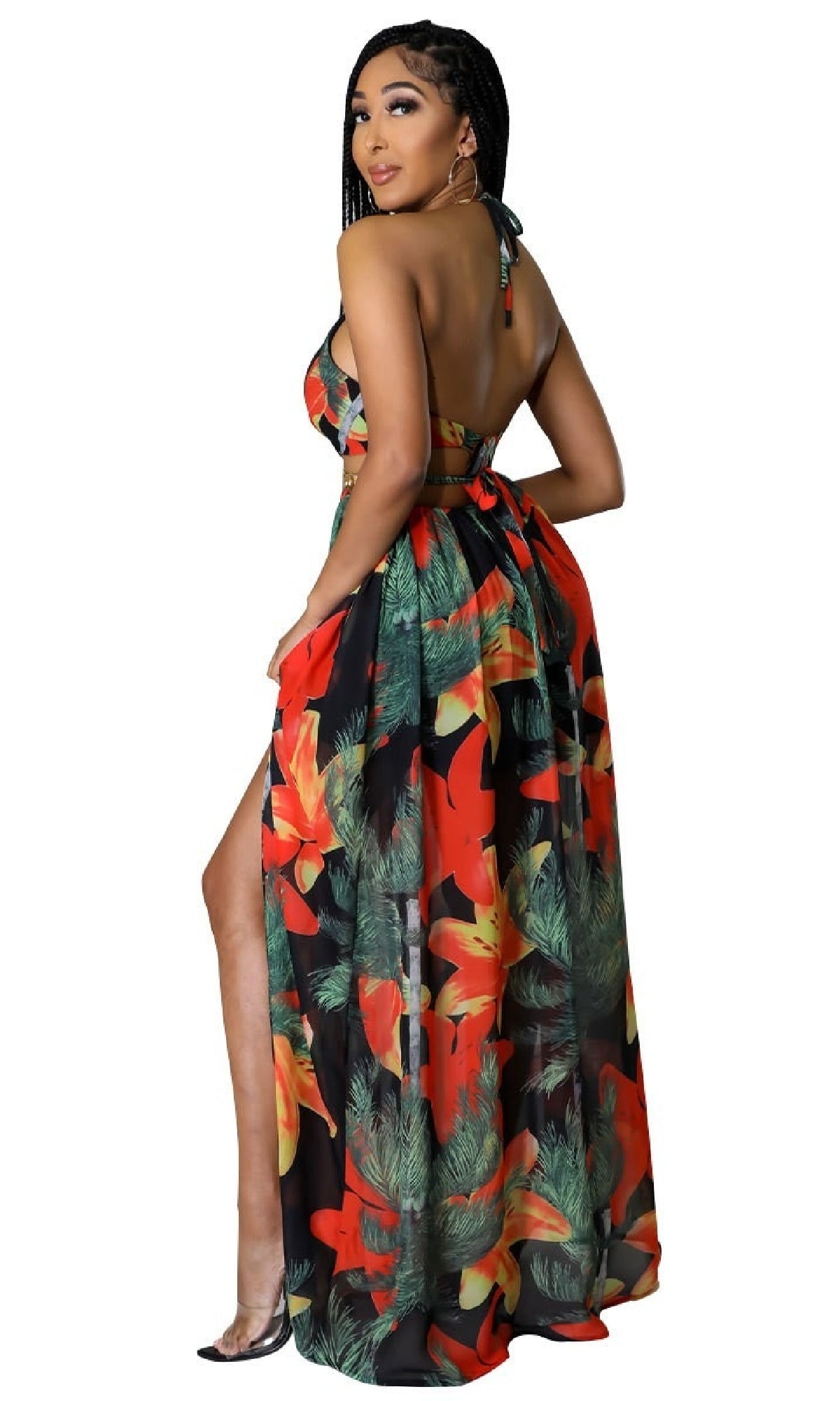 Cut-Out Floral Print Halter Casual Maxi Dress