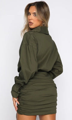 green emerald velvet dress Slinky Ruched Shirt Dress in Shimmer Green – Shop Hearts