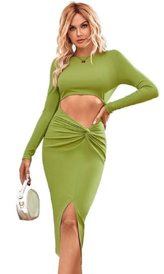 Front Cut-Out Lime Green Bodycon Midi Dress Lime / Small Front Cut-Out Lime Green Bodycon Midi Dress Lime / Small