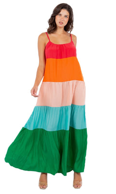 A woman wears the Casual Color-Block Maxi Shift Dress in Multi Print, featuring wide horizontal stripes, standing against a white background—a perfect casual summer look.