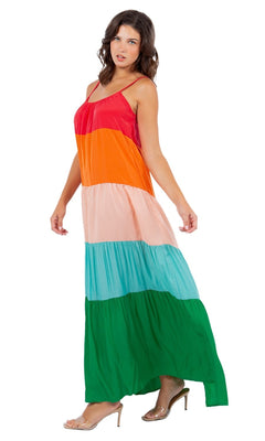 Woman in the Casual Color-Block Maxi Shift Dress, featuring sleeveless design and multicolor stripes, paired with clear high-heeled sandals—ideal for a stylish summer look against a white backdrop.
