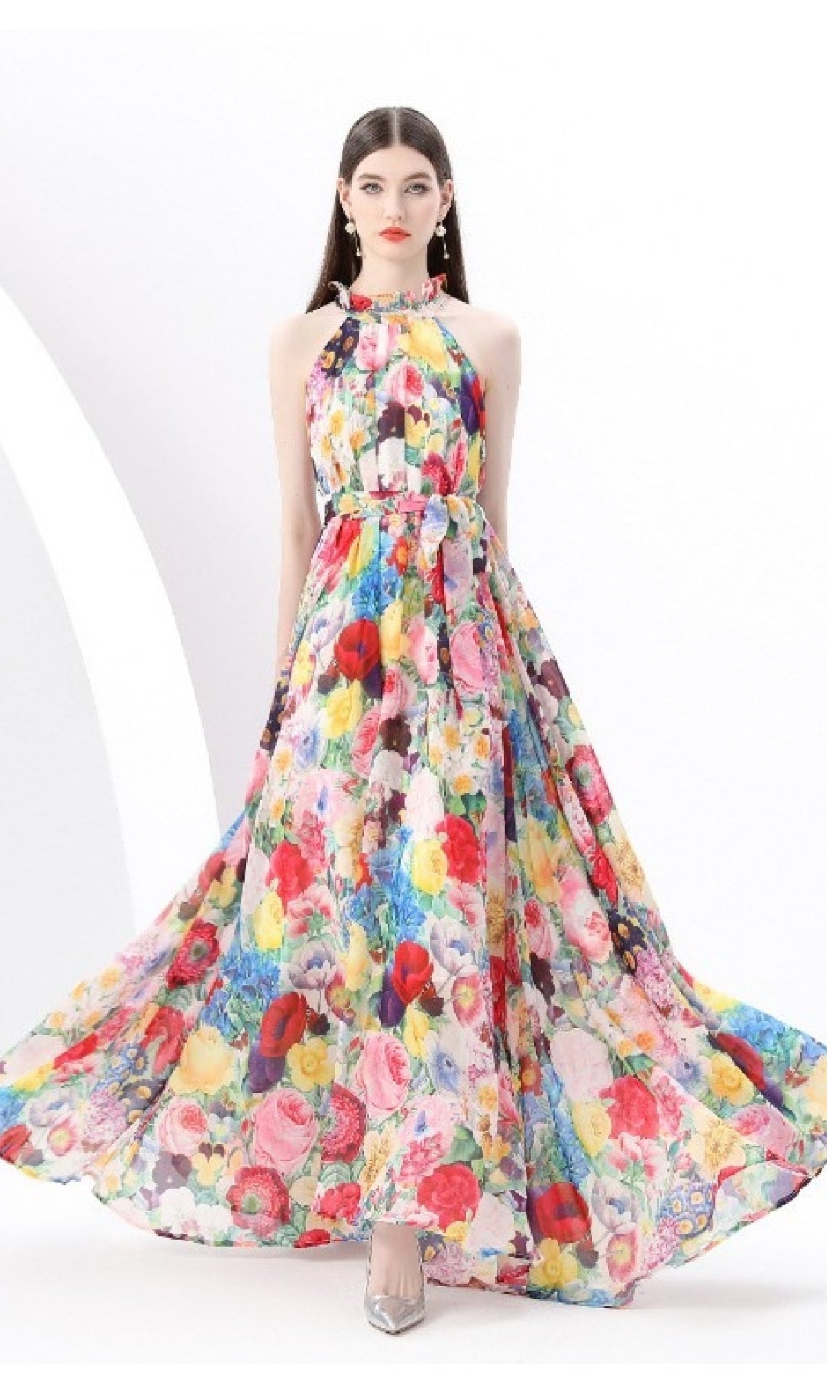 High Neck Long A-Line Floral Casual Maxi Dress