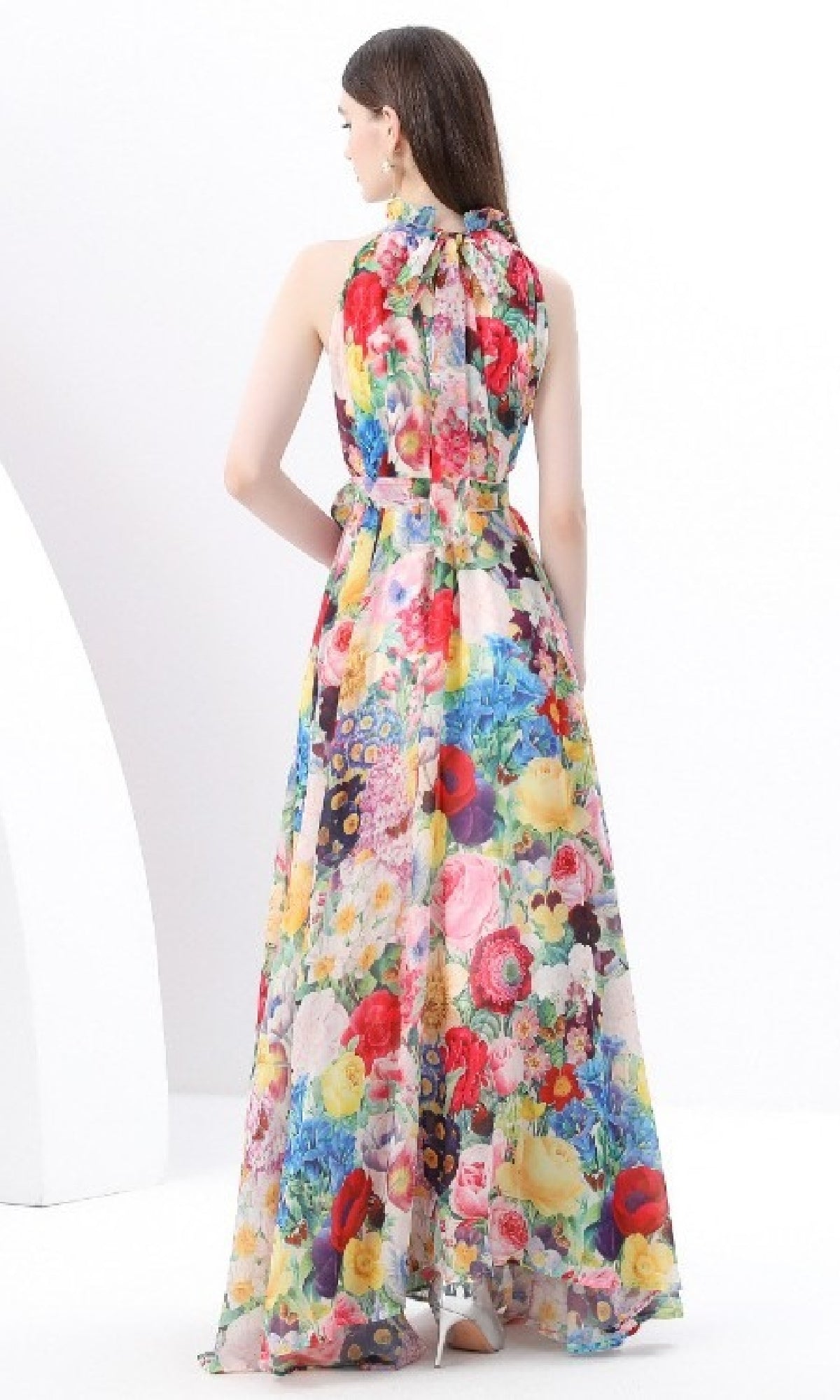 High Neck Long A-Line Floral Casual Maxi Dress
