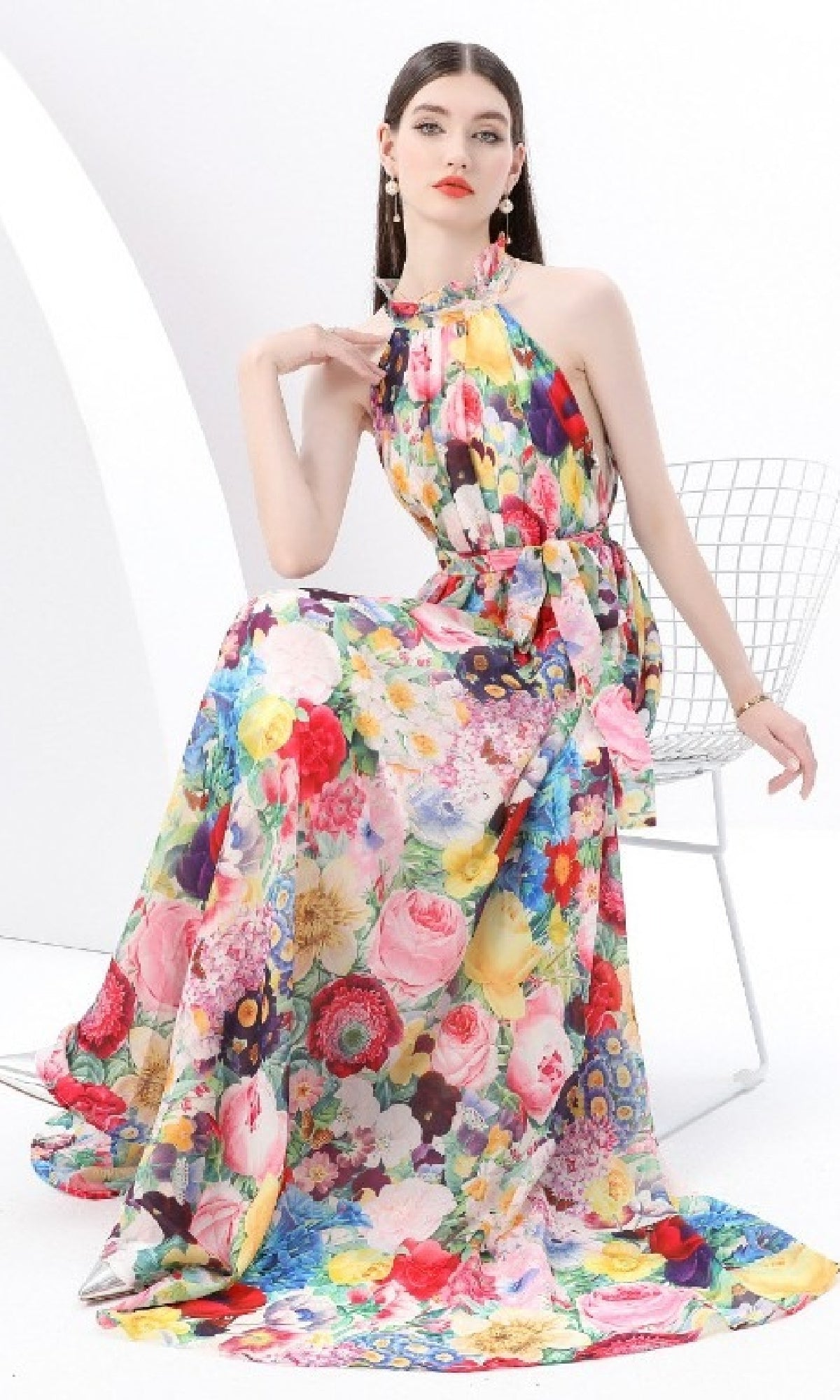 High Neck Long A-Line Floral Casual Maxi Dress