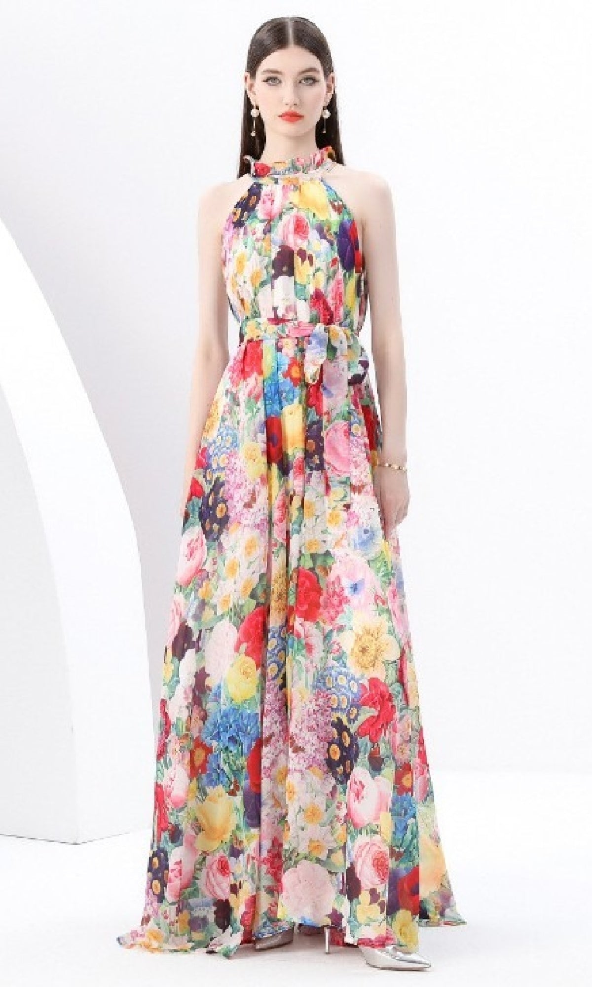 High Neck Long A-Line Floral Casual Maxi Dress