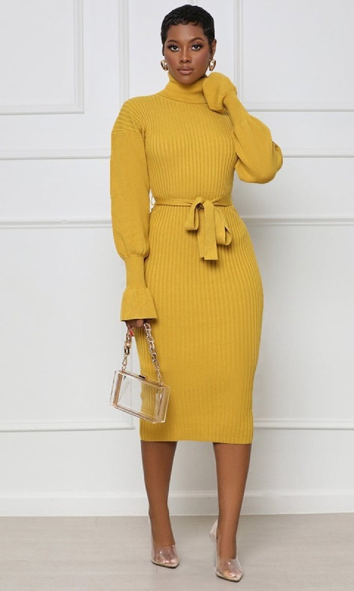 Long Sleeve Yellow Casual Turtleneck Sweater Dress