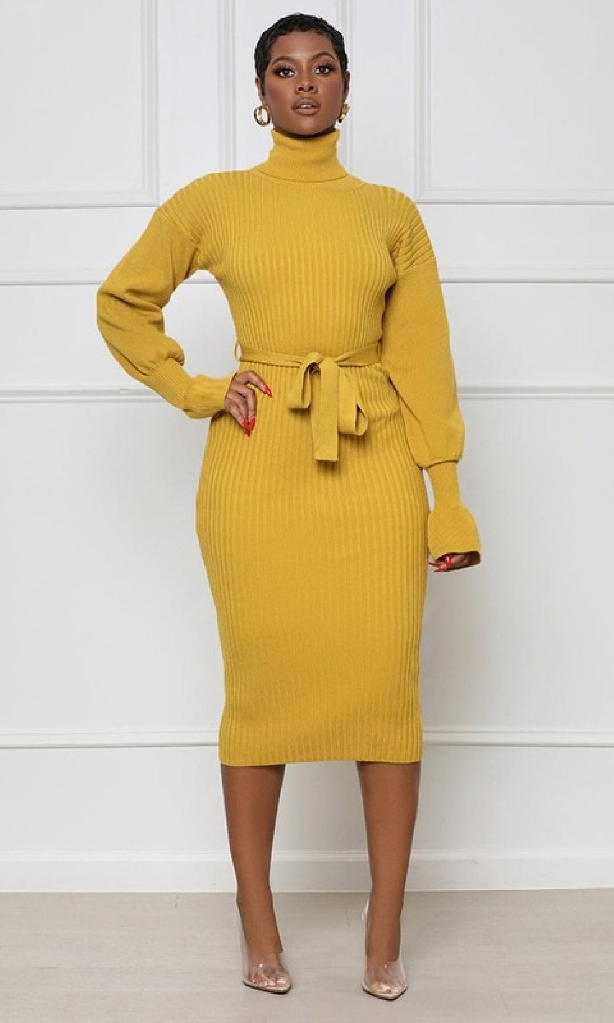 Long Sleeve Yellow Casual Turtleneck Sweater Dress