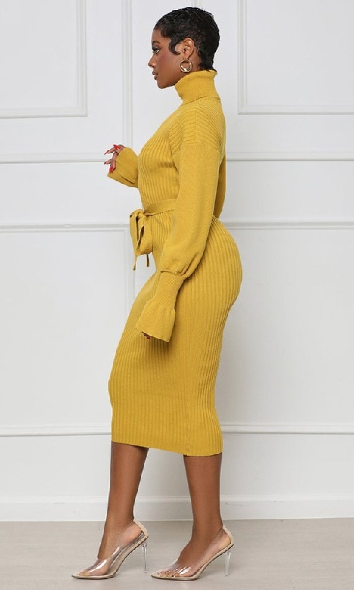 Long Sleeve Yellow Casual Turtleneck Sweater Dress