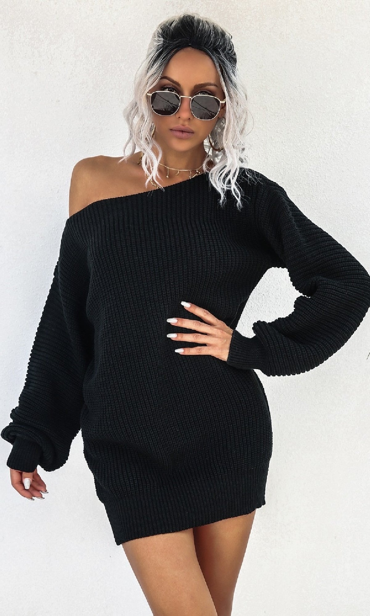 Off-Shoulder Long-Sleeve Short Sweater Dress
