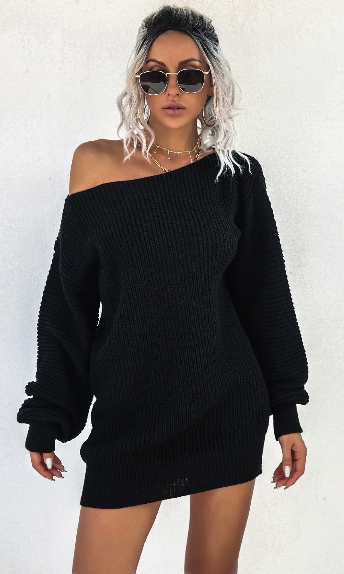 Off-Shoulder Long-Sleeve Short Sweater Dress