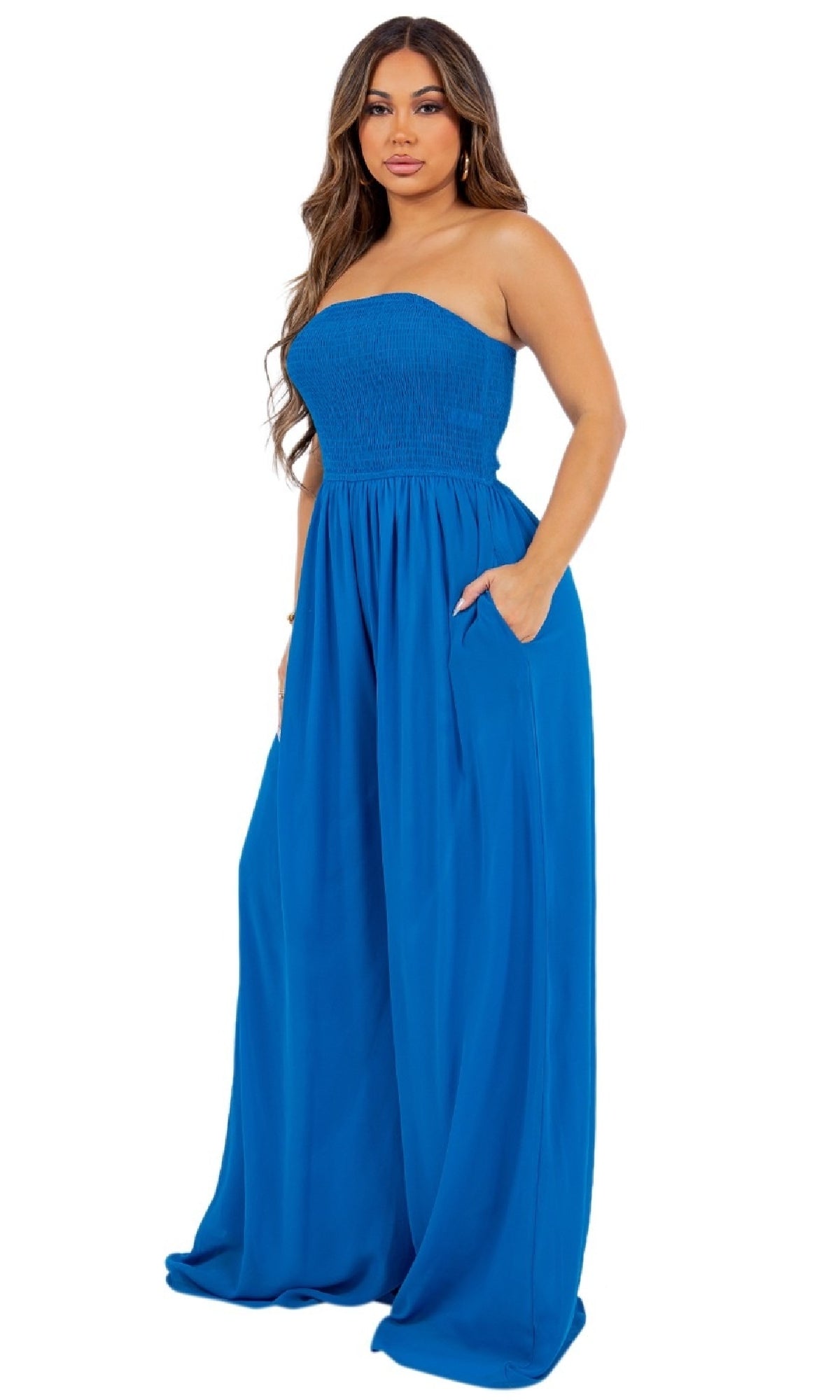 Wide-Leg Casual Strapless Jumpsuit with Pockets– PromGirl