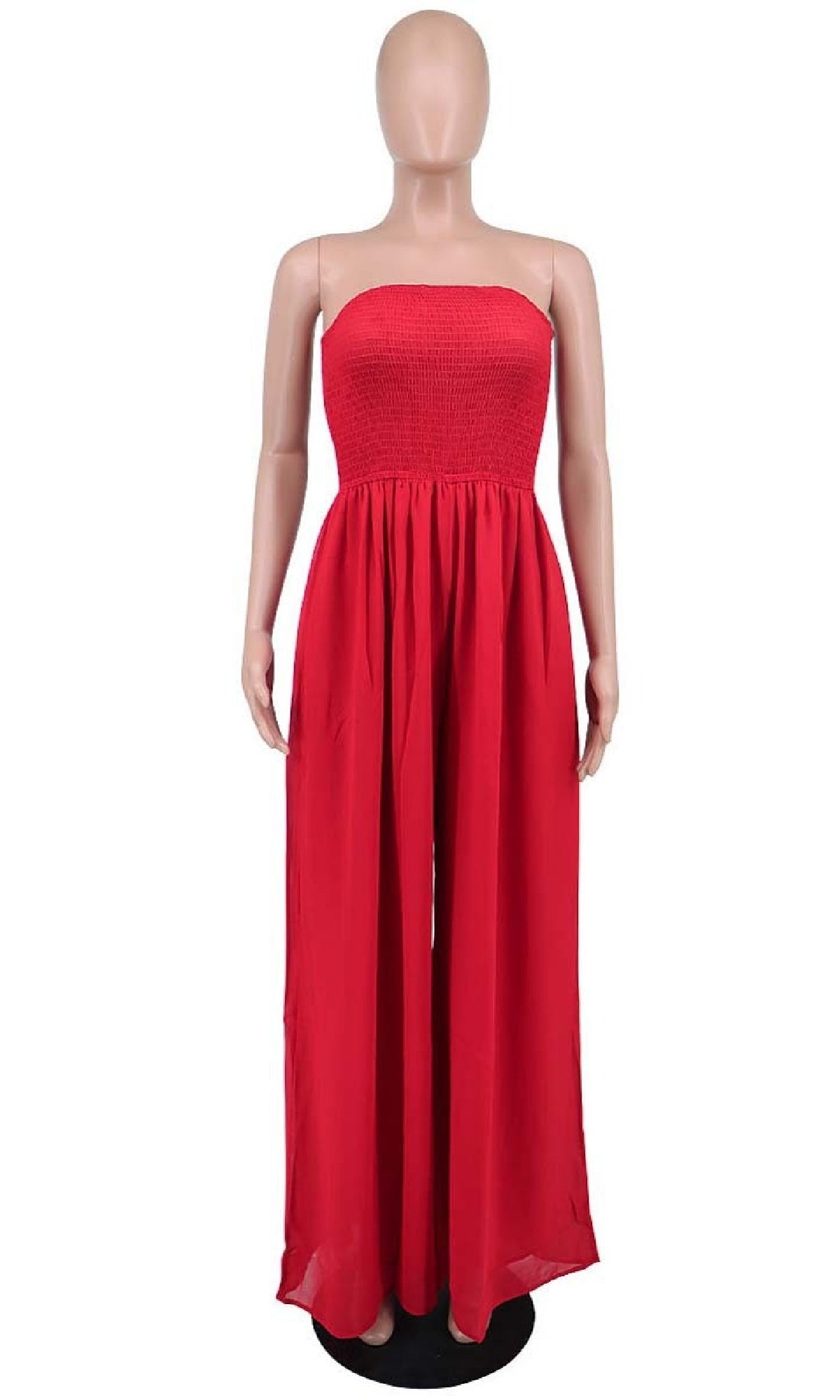 jumpsuit that looks like a maxi dress Wide-Leg Casual Strapless Jumpsuit with Pockets Red / Small