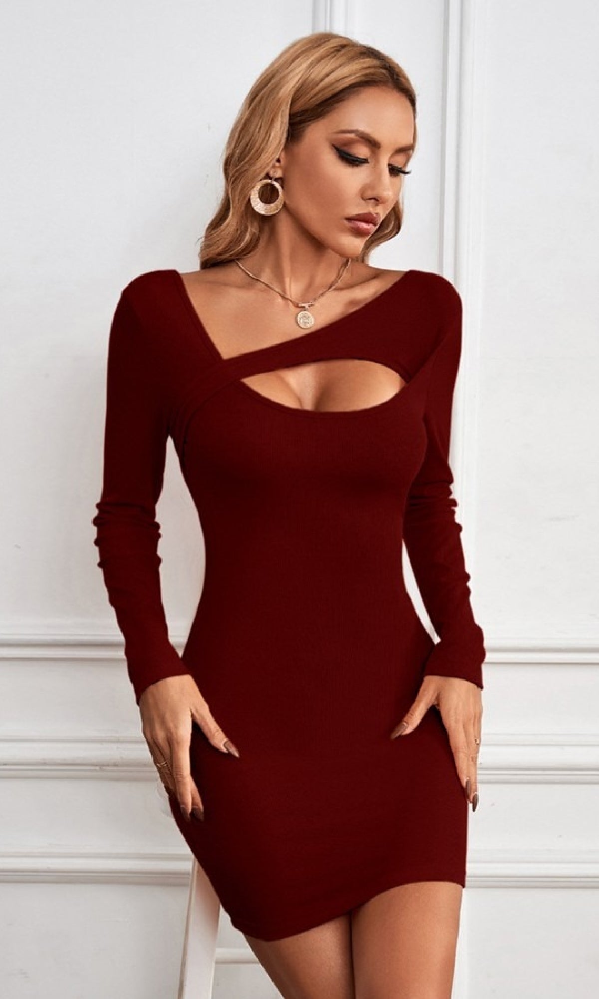 fitted lace wedding dress Sweetheart-Neck Long-Sleeve A-Line Mini Dress in Red - 6