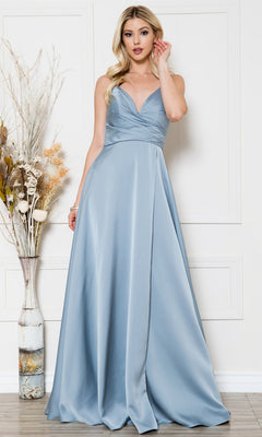 A woman in the Long Satin A-Line Formal Prom Dress BZ012 stands indoors beside a tall vase with dried flowers, set against a white paneled wall.