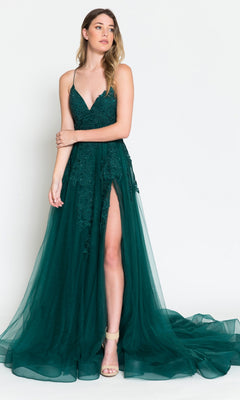 A woman models the Long Tulle Prom Ball Gown with Train BZ014 in dark green, featuring lace and embroidered floral details, spaghetti straps, a deep V neckline, a high leg slit, and a floor-length tulle skirt against a plain white background.