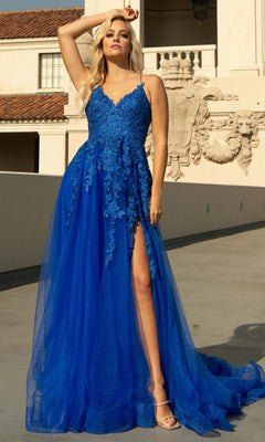 A woman poses outdoors in the Long Tulle Prom Ball Gown with Train BZ014, a royal blue floor-length dress featuring lace, embroidered floral details, and a thigh-high slit. She wears nude heels and stands with one hand on her head.