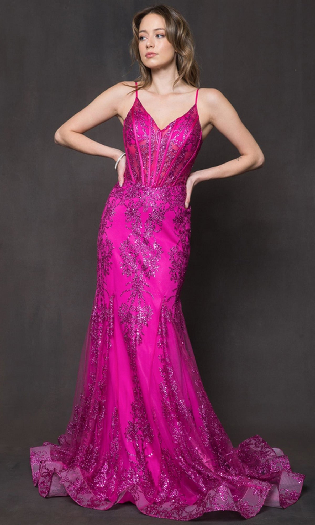 Sheer-Corset Long Glitter-Print Prom Dress BZ015